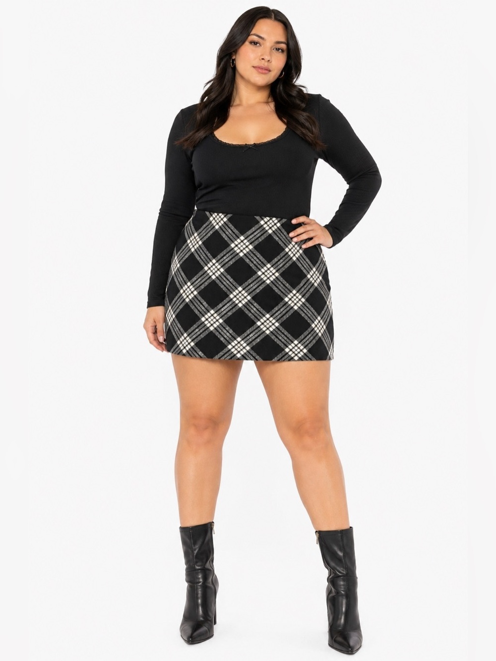 90s/Y2K Vintage Talbots Wool Chunky Plaid Mini Skirt (Black/White) Size 12